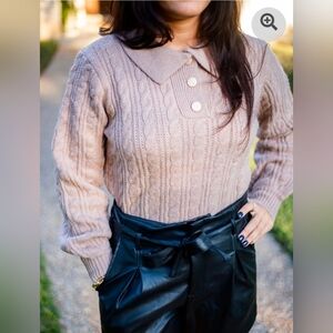 NWT Lumiere Cable Knit Collared Sweater | Soft Blush Button Detail Preppy Chic
